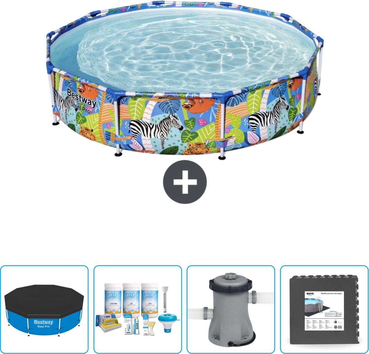 Bestway Rond Steel Pro Zwembad - 305 x 66 cm - Jungleprint - Inclusief Afdekzeil - Onderhoudspakket - Pomp - Vloertegels
