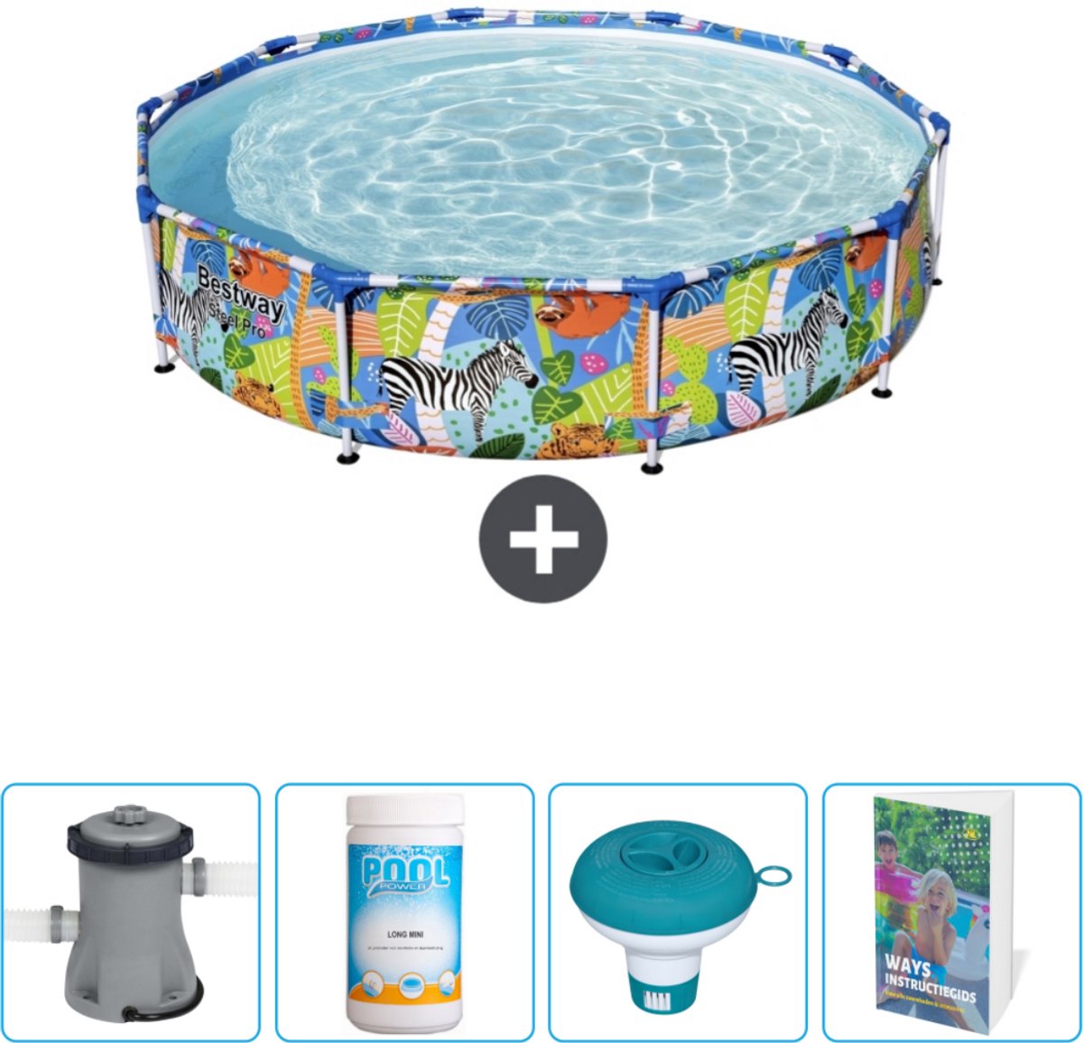 Bestway Rond Steel Pro Zwembad - 305 x 66 cm - Jungleprint - Inclusief Pomp - Chloor - Chloordrijver - Zwembadgids