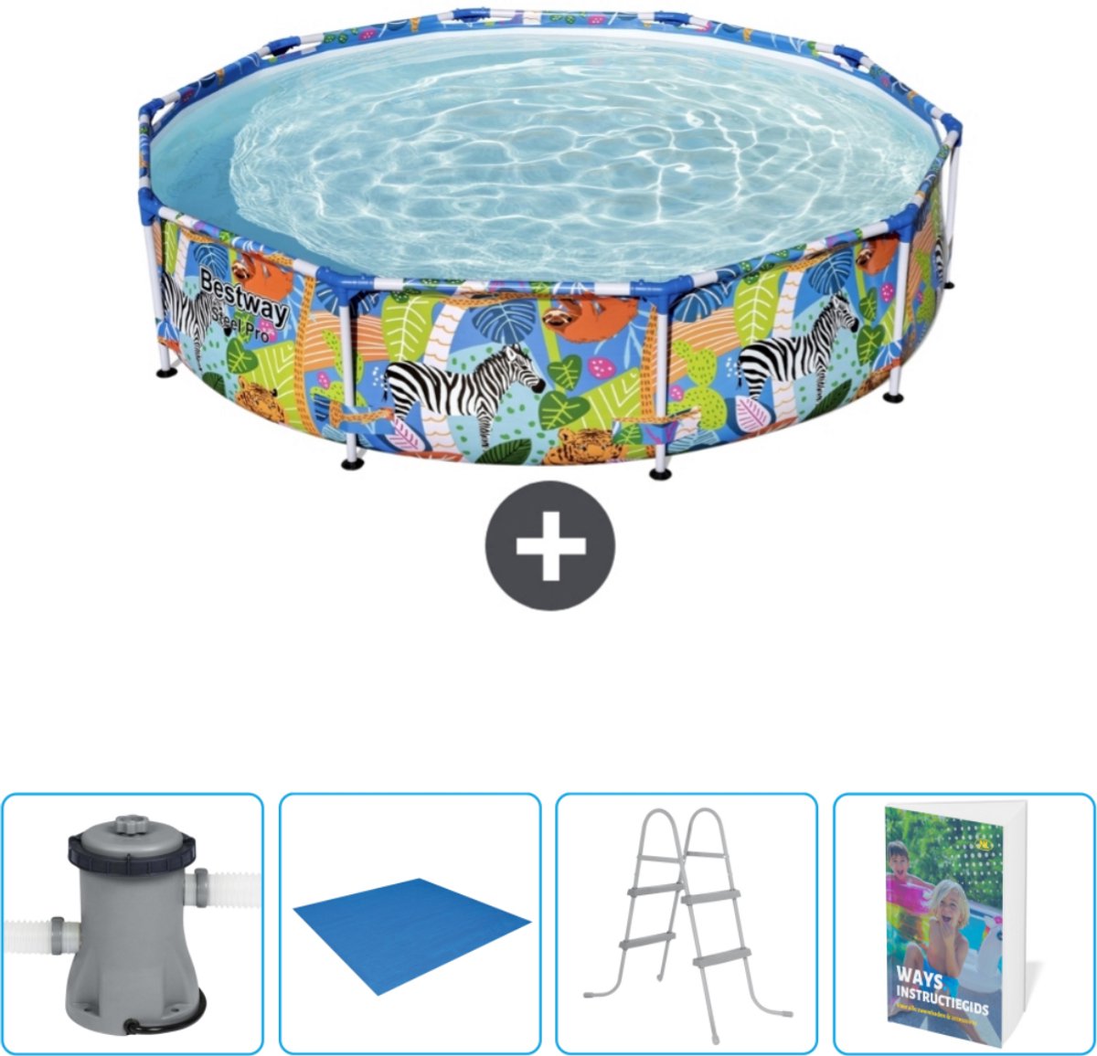 Bestway Rond Steel Pro Zwembad - 305 x 66 cm - Jungleprint - Inclusief Pomp - Grondzeil - Ladder - Zwembadgids