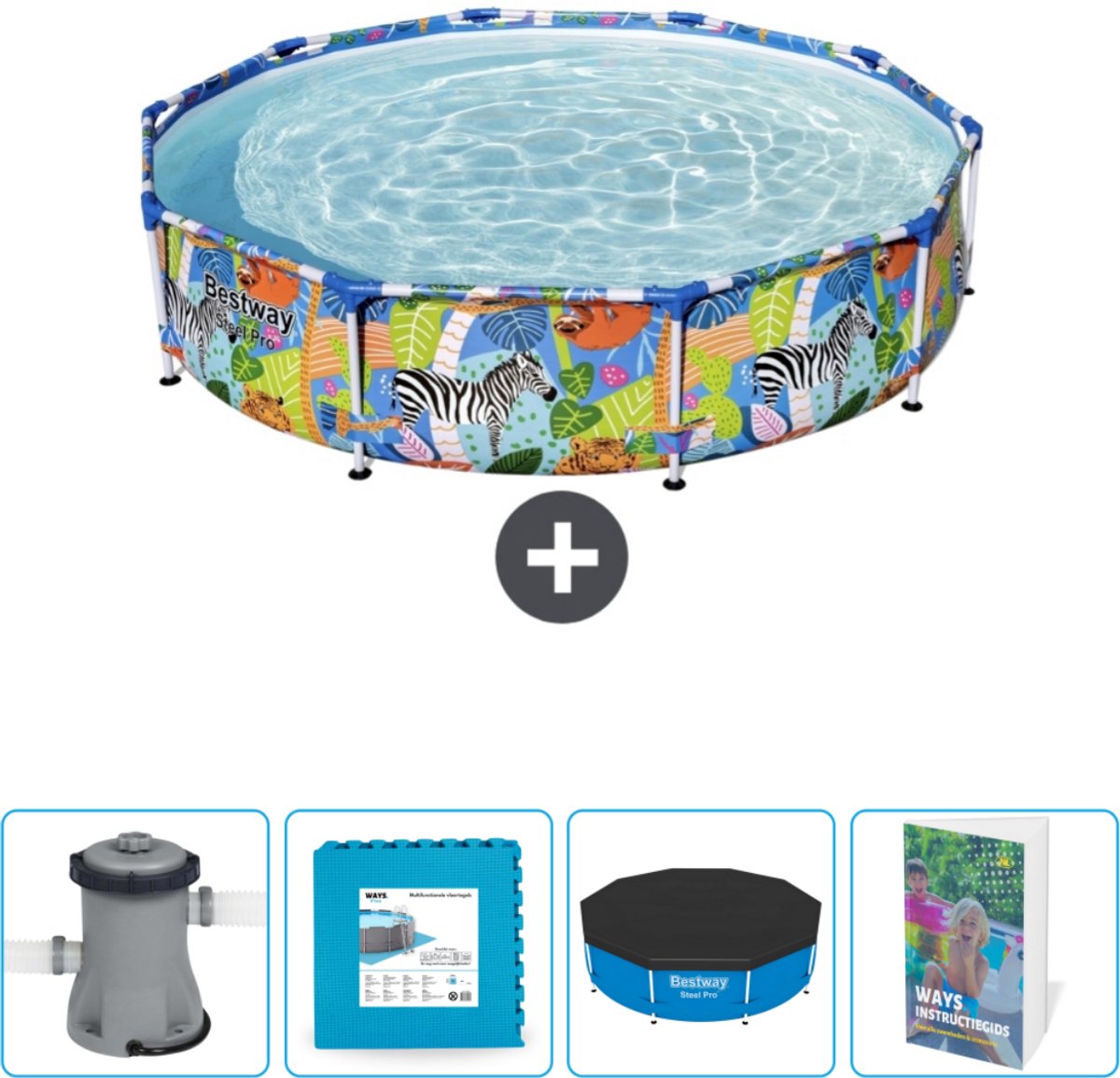 Bestway Rond Steel Pro Zwembad - 305 x 66 cm - Jungleprint - Inclusief Pomp - Vloertegels - Afdekzeil - Zwembadgids