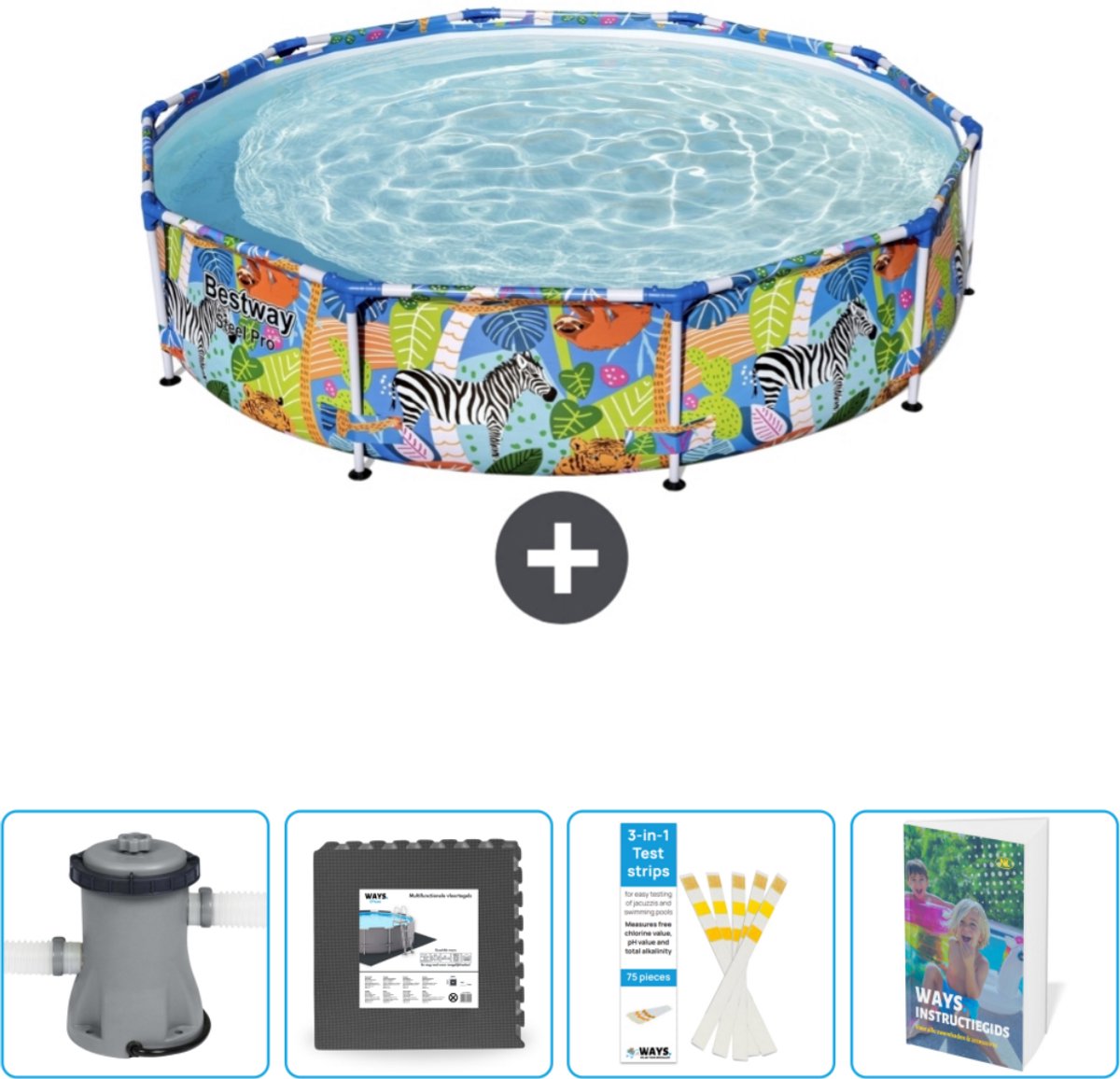 Bestway Rond Steel Pro Zwembad - 305 x 66 cm - Jungleprint - Inclusief Pomp - Vloertegels - Testrips - Zwembadgids