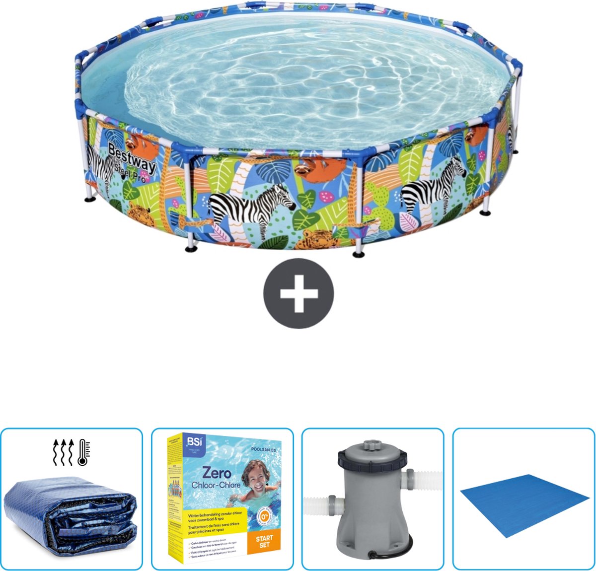 Bestway Rond Steel Pro Zwembad - 305 x 66 cm - Jungleprint - Inclusief Solarzeil - Onderhoudspakket - Pomp - Grondzeil