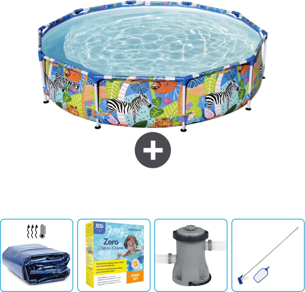Bestway Rond Steel Pro Zwembad - 305 x 66 cm - Jungleprint - Inclusief Solarzeil - Onderhoudspakket - Pomp - Schoonmaakset