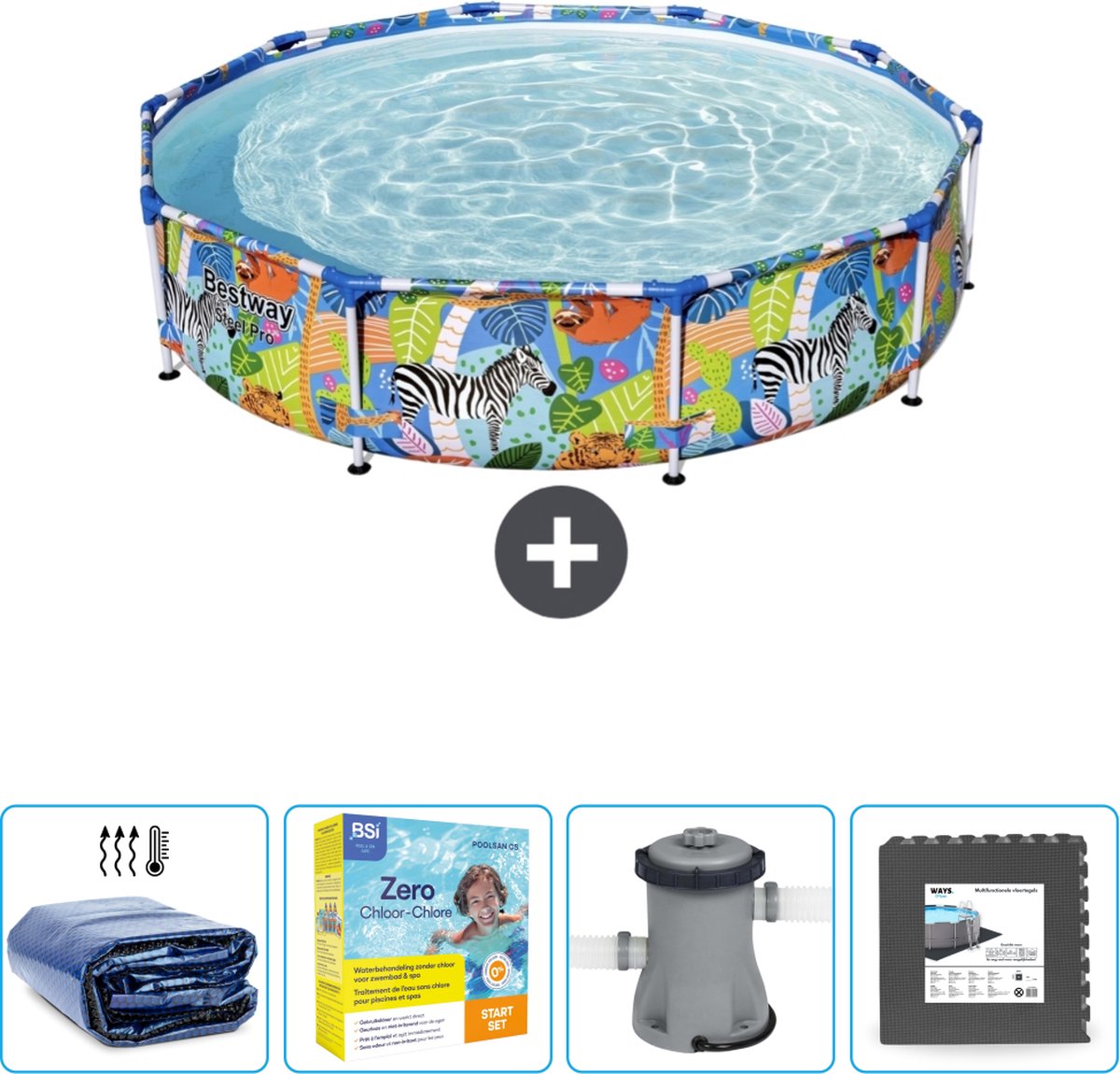 Bestway Rond Steel Pro Zwembad - 305 x 66 cm - Jungleprint - Inclusief Solarzeil - Onderhoudspakket - Pomp - Vloertegels