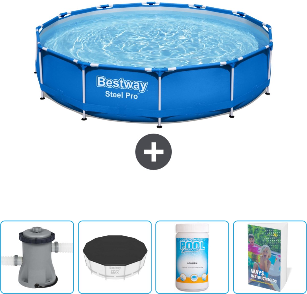 Bestway Rond Steel Pro Zwembad - 366 x 76 cm - Blauw - Inclusief Pomp Afdekzeil - Chloor - Zwembadgids