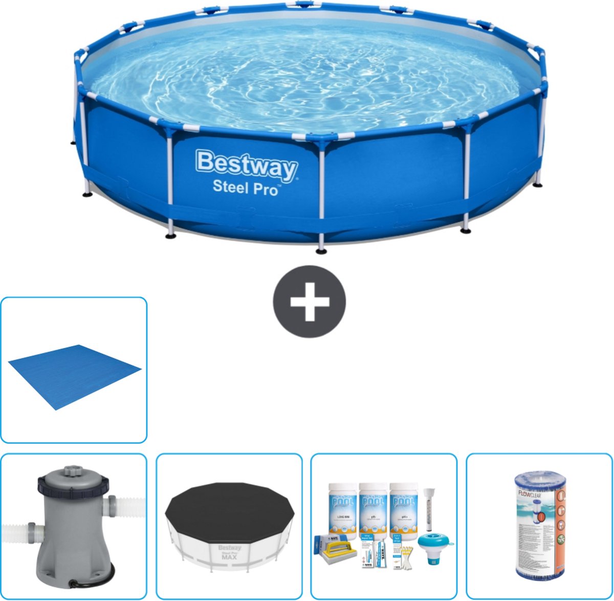Bestway Rond Steel Pro Zwembad - 366 x 76 cm - Blauw - Inclusief Pomp Afdekzeil - Onderhoudspakket - Filter - Grondzeil