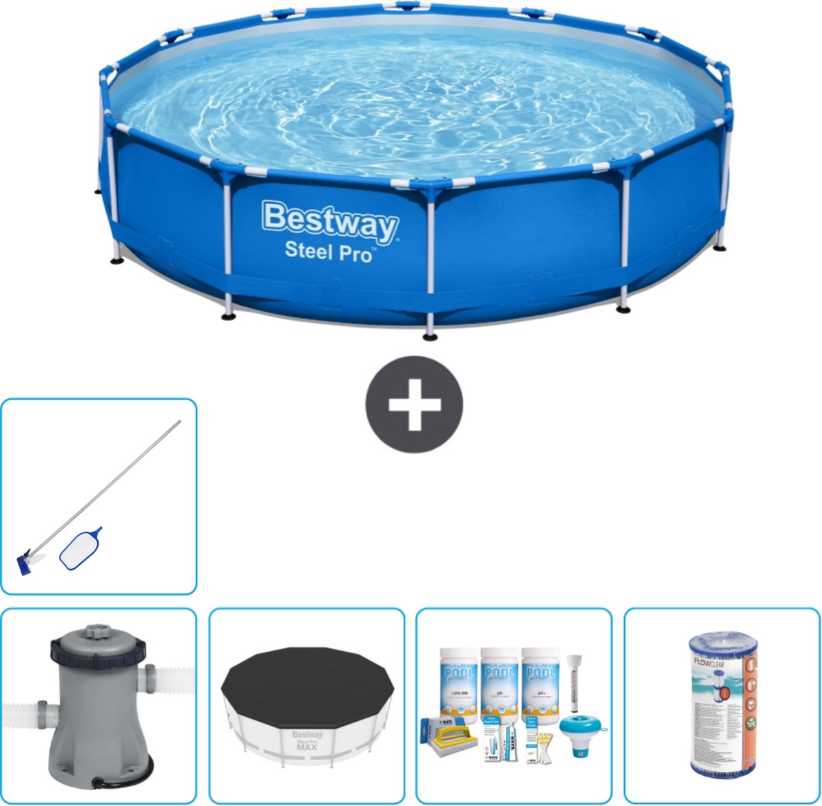 Bestway Rond Steel Pro Zwembad - 366 x 76 cm - Blauw - Inclusief Pomp Afdekzeil - Onderhoudspakket - Filter - Schoonmaakset