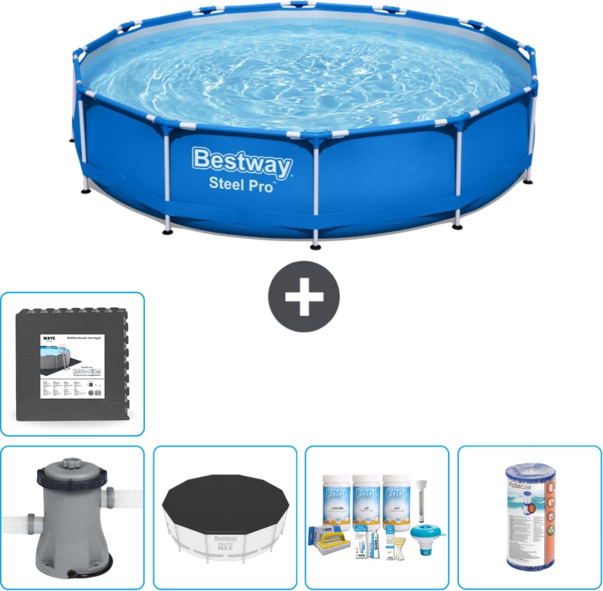 Bestway Rond Steel Pro Zwembad - 366 x 76 cm - Blauw - Inclusief Pomp Afdekzeil - Onderhoudspakket - Filter - Vloertegels