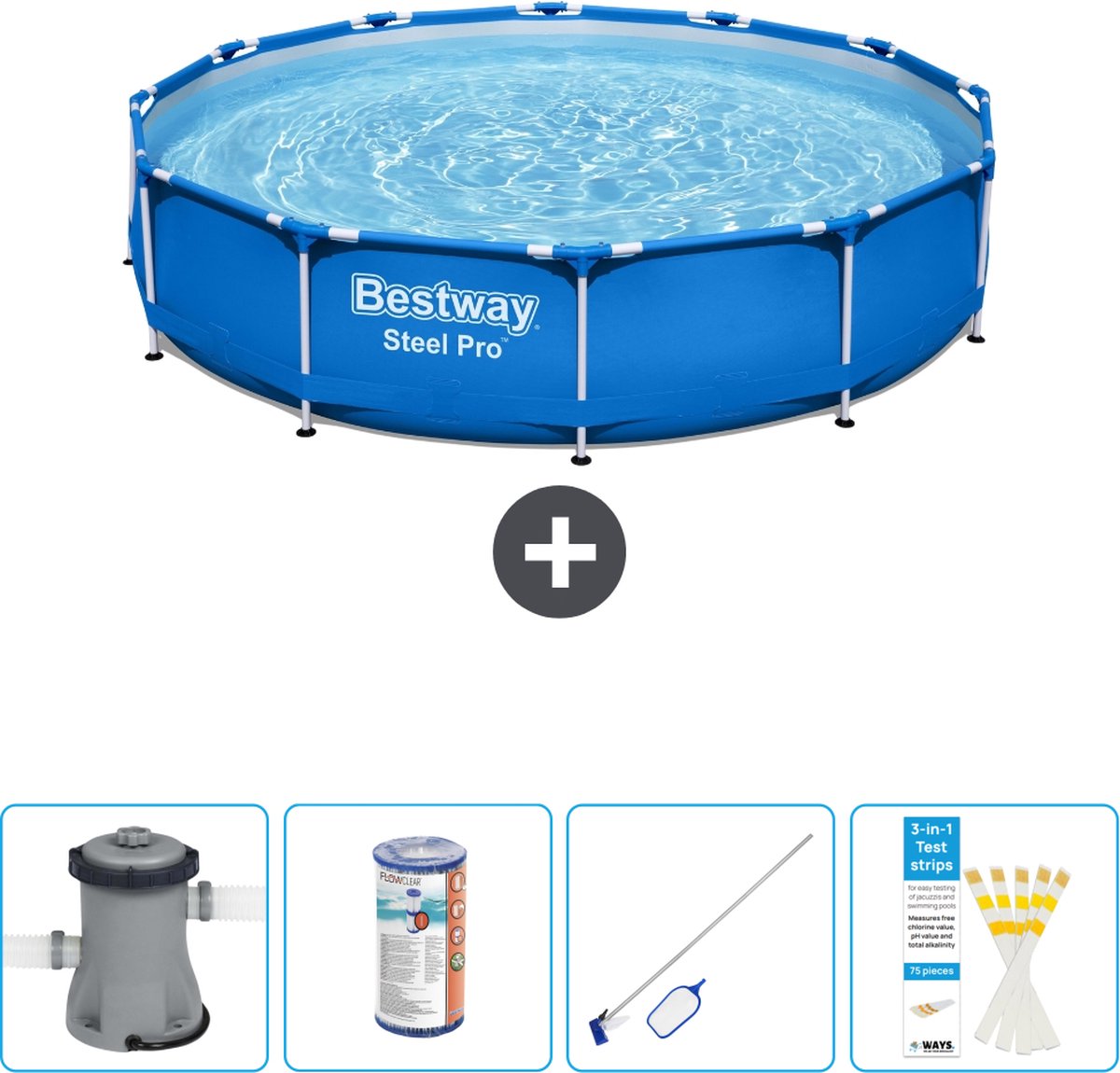 Bestway Rond Steel Pro Zwembad - 366 x 76 cm - Blauw - Inclusief Pomp Filter - Schoonmaakset - Testrips