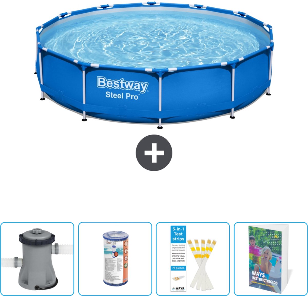 Bestway Rond Steel Pro Zwembad - 366 x 76 cm - Blauw - Inclusief Pomp Filter - Testrips - Zwembadgids