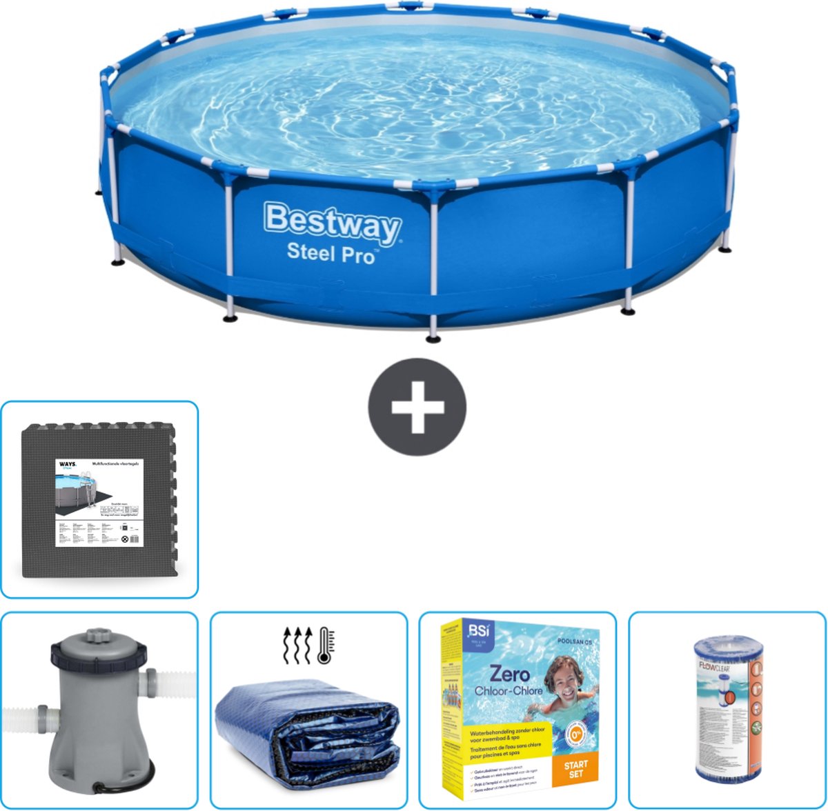 Bestway Rond Steel Pro Zwembad - 366 x 76 cm - Blauw - Inclusief Pomp Solarzeil - Onderhoudspakket - Filter - Vloertegels