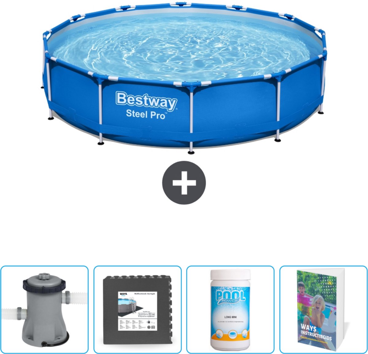 Bestway Rond Steel Pro Zwembad - 366 x 76 cm - Blauw - Inclusief Pomp Vloertegels - Chloor - Zwembadgids