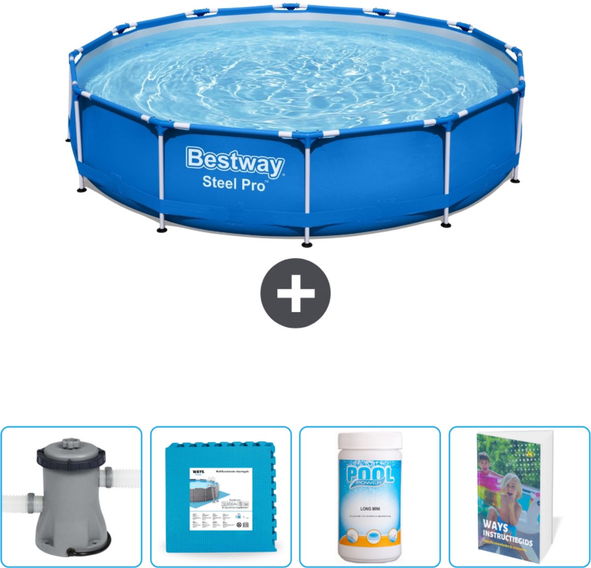 Bestway Rond Steel Pro Zwembad - 366 x 76 cm - Blauw - Inclusief Pomp Vloertegels - Chloor - Zwembadgids