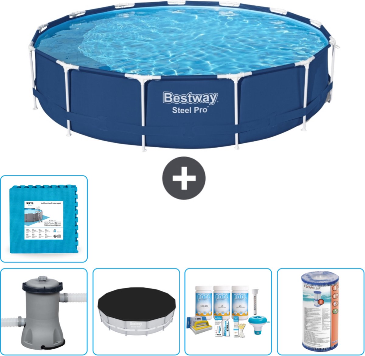 Bestway Rond Steel Pro Zwembad - 396 x 84 cm - Blauw - Inclusief Pomp Afdekzeil - Onderhoudspakket - Filter - Vloertegels