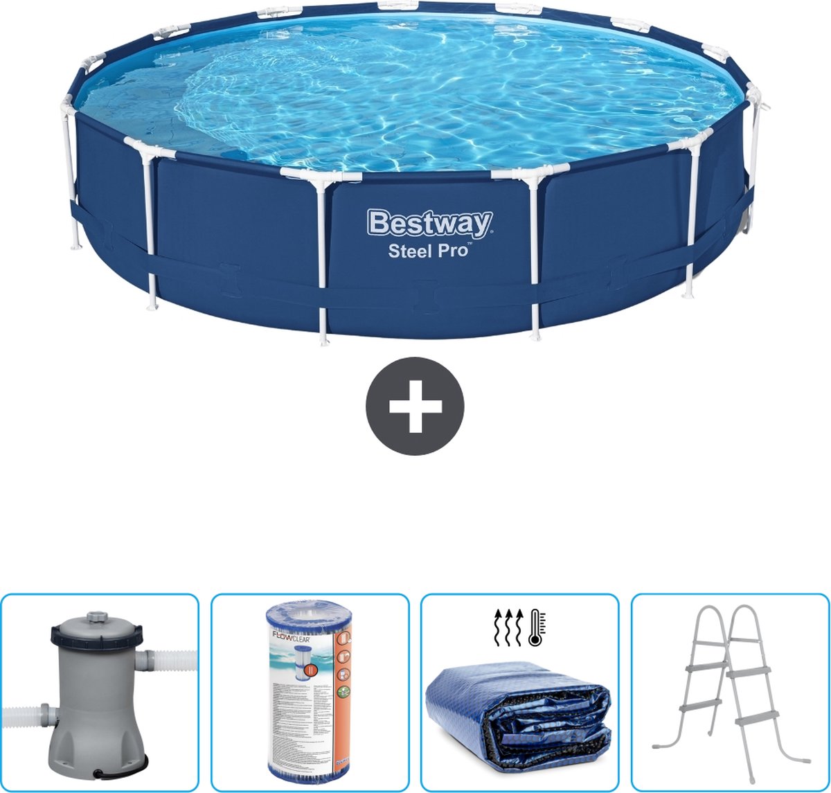 Bestway Rond Steel Pro Zwembad - 396 x 84 cm - Blauw - Inclusief Pomp Filter - Solarzeil - Ladder