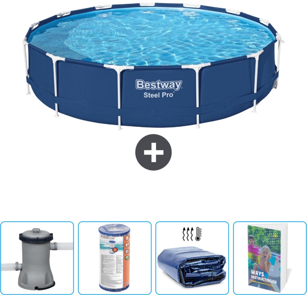 Bestway Rond Steel Pro Zwembad - 396 x 84 cm - Blauw - Inclusief Pomp Filter - Solarzeil - Zwembadgids