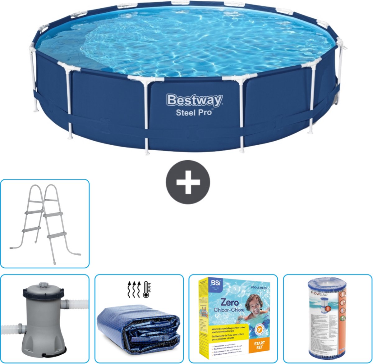Bestway Rond Steel Pro Zwembad - 396 x 84 cm - Blauw - Inclusief Pomp Solarzeil - Onderhoudspakket - Filter - Ladder