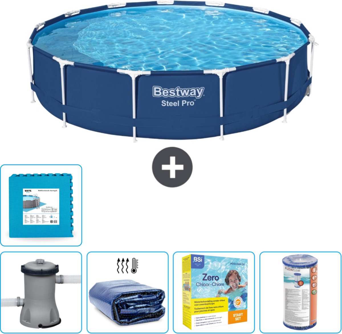 Bestway Rond Steel Pro Zwembad - 396 x 84 cm - Blauw - Inclusief Pomp Solarzeil - Onderhoudspakket - Filter - Vloertegels