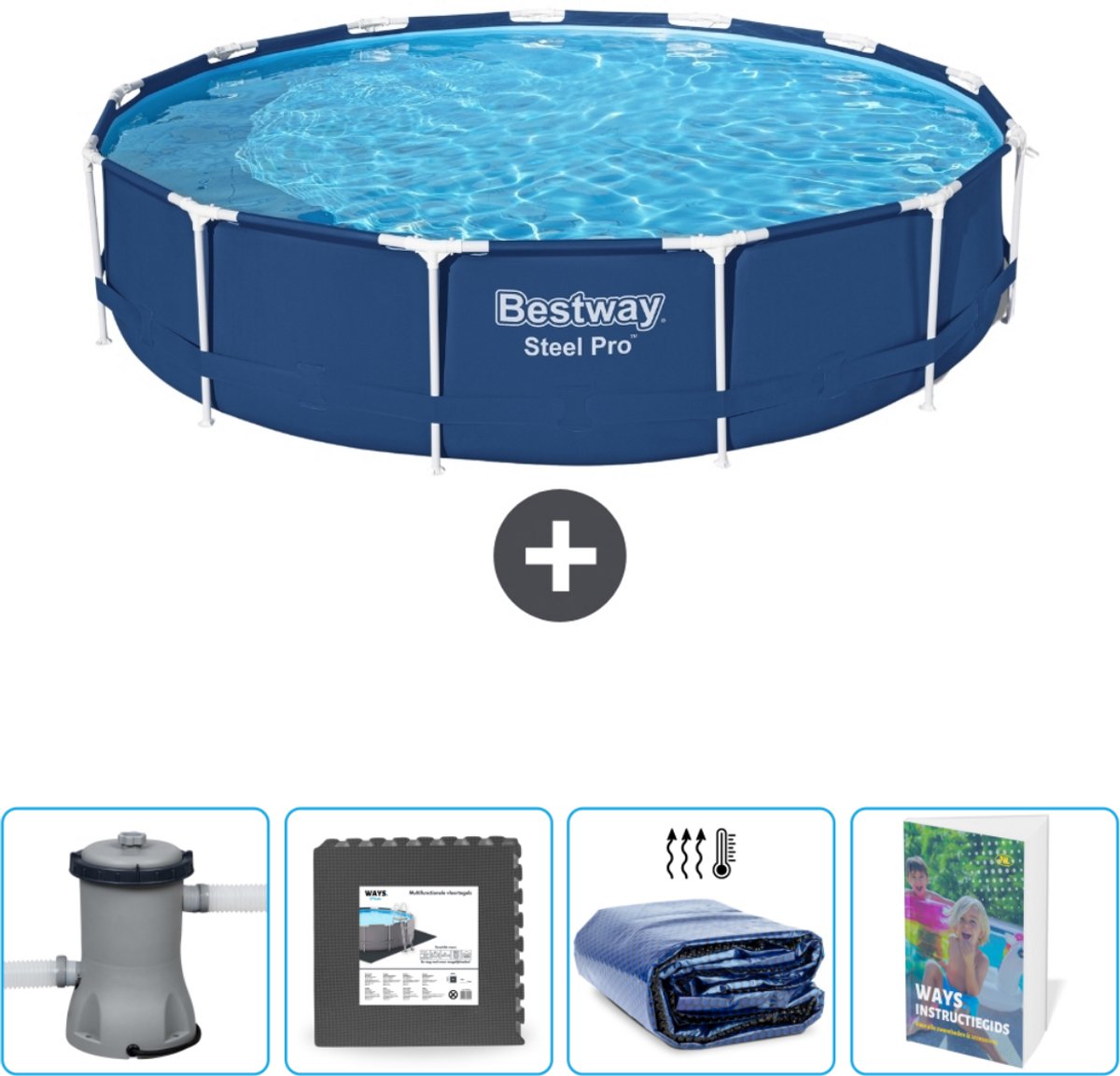 Bestway Rond Steel Pro Zwembad - 396 x 84 cm - Blauw - Inclusief Pomp Vloertegels - Solarzeil - Zwembadgids