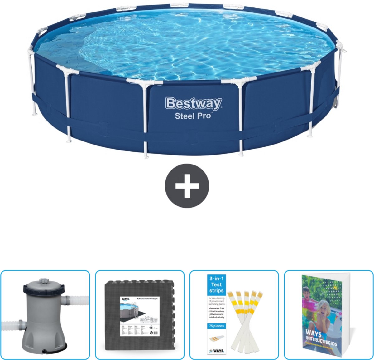 Bestway Rond Steel Pro Zwembad - 396 x 84 cm - Blauw - Inclusief Pomp Vloertegels - Testrips - Zwembadgids