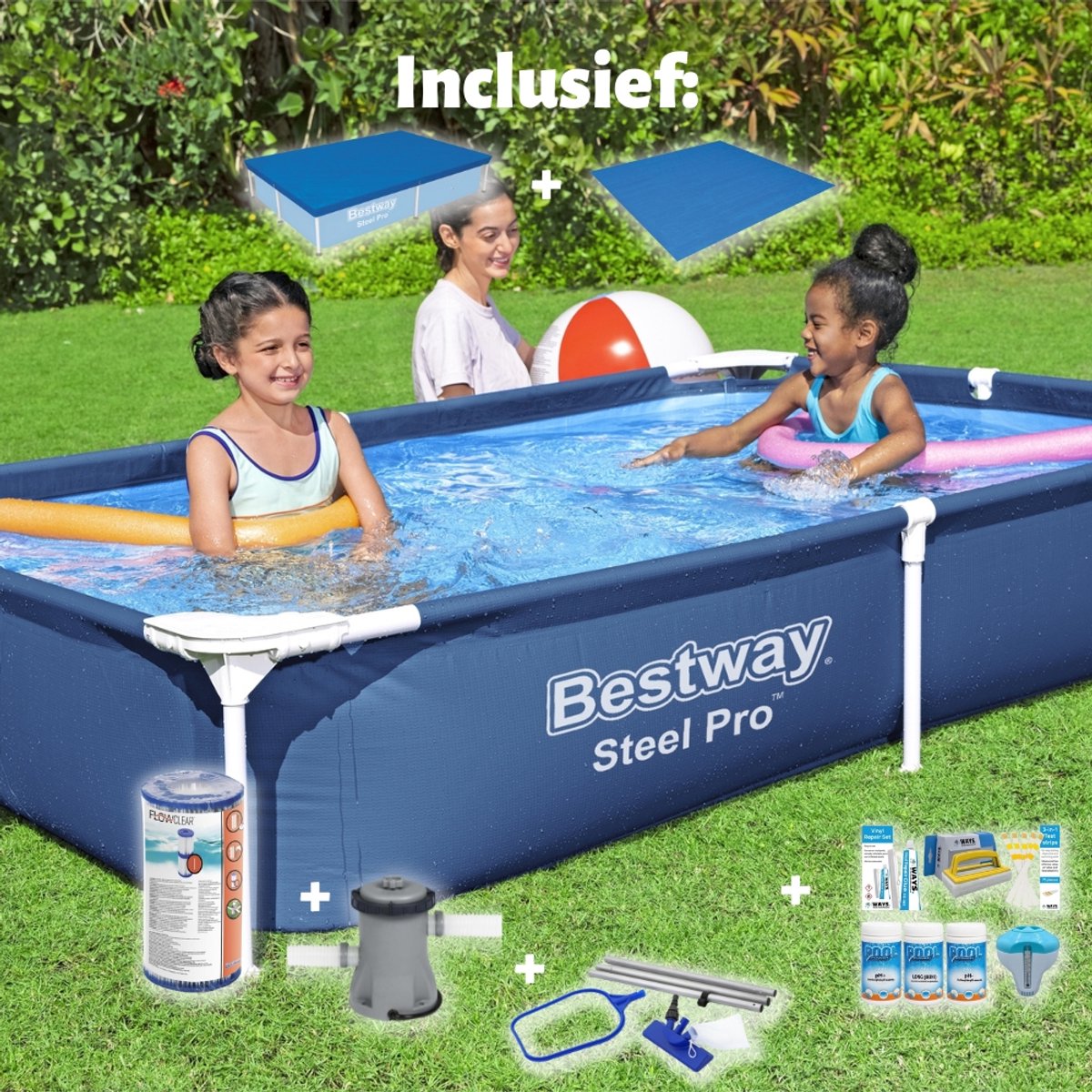 Bestway Steel Pro Frame Zwembad - Opzetzwembad - Compleet pakket - Rechthoekig - 221 x 150 x 43 cm - Blauw - Inclusief Pomp & Overige Accessoires
