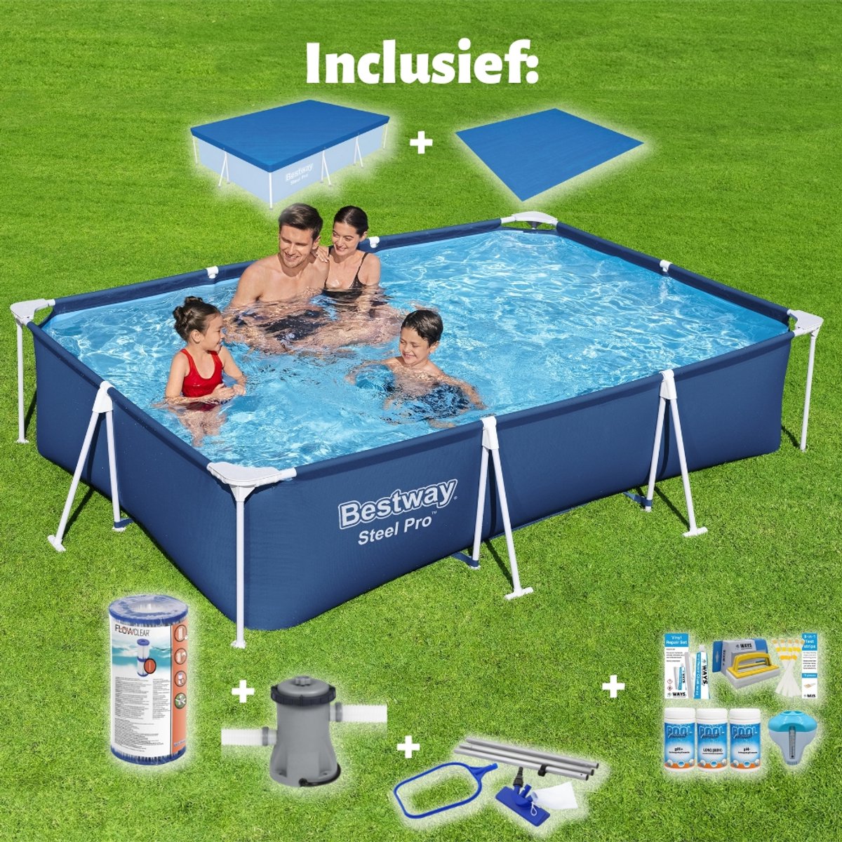 Bestway Steel Pro Frame Zwembad - Opzetzwembad - Compleet pakket - Rechthoekig - 300 x 201 x 66 cm - Blauw - Inclusief Pomp & Overige Accessoires