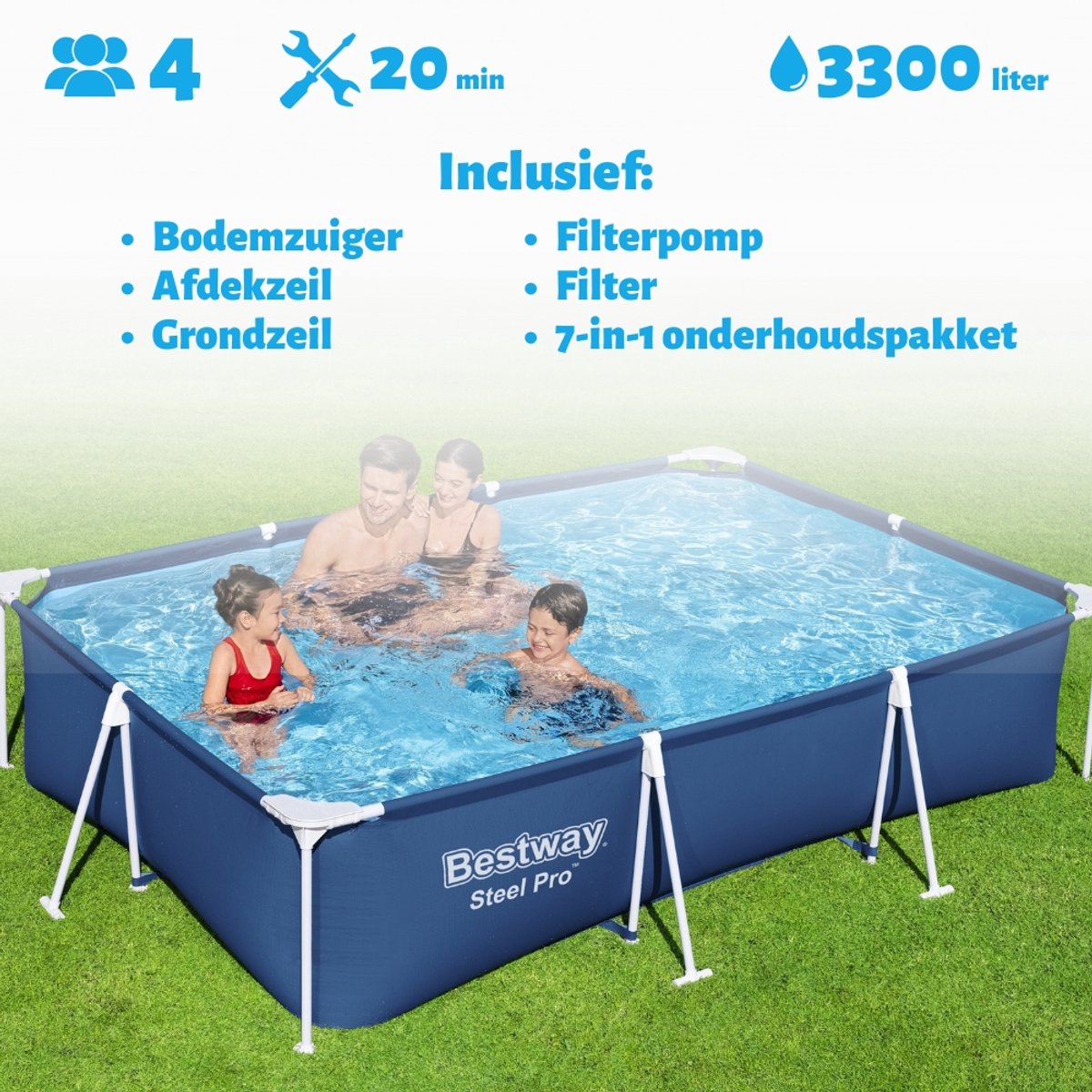 Bestway Zwembad - Rechthoekig - 300 x 201 x 66 cm - Blauw - Inclusief filterpomp