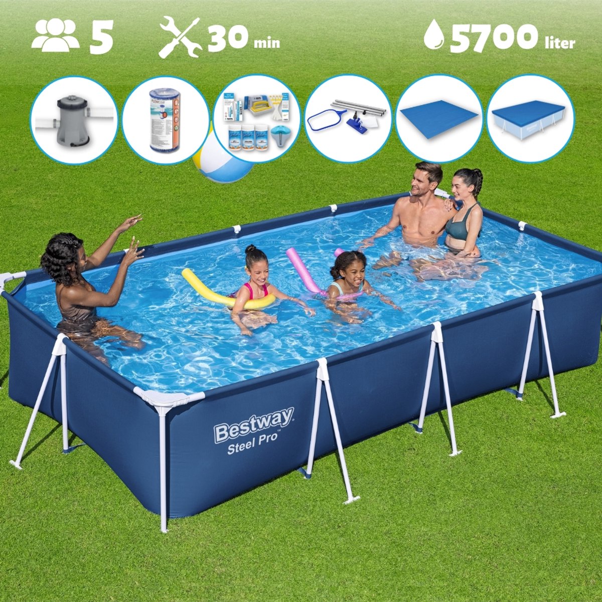 Bestway Zwembad - Rechthoekig - 400 x 211 x 81 cm - Blauw - Inclusief alle benodigdheden