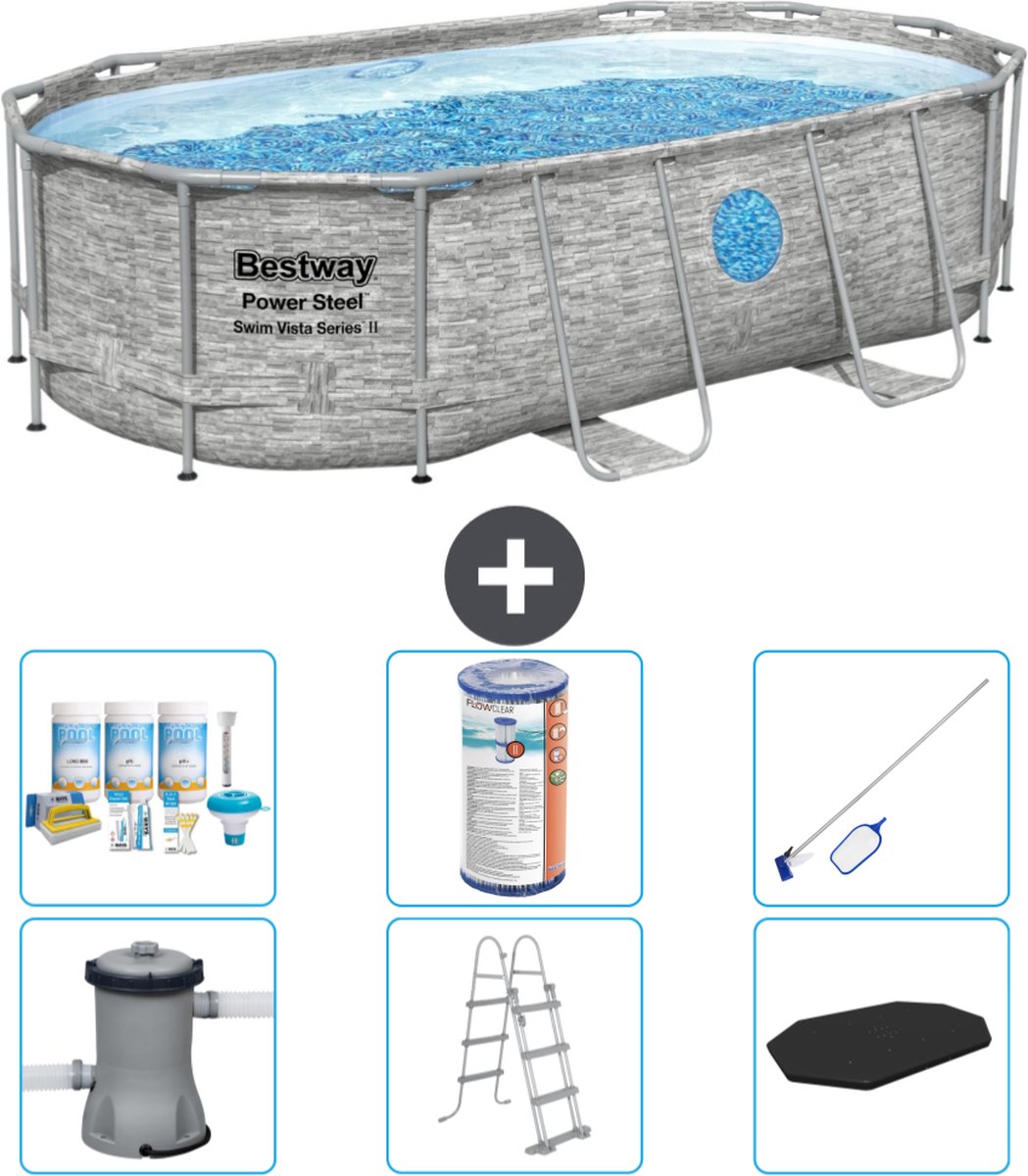 Bestway Ovaal Power Steel Swim Vista Zwembad - Steenprint - 427 x 250 x 100 - Inclusief Pomp - Ladder - Afdekzeil Onderhoudspakket - Filter - Schoonmaakset
