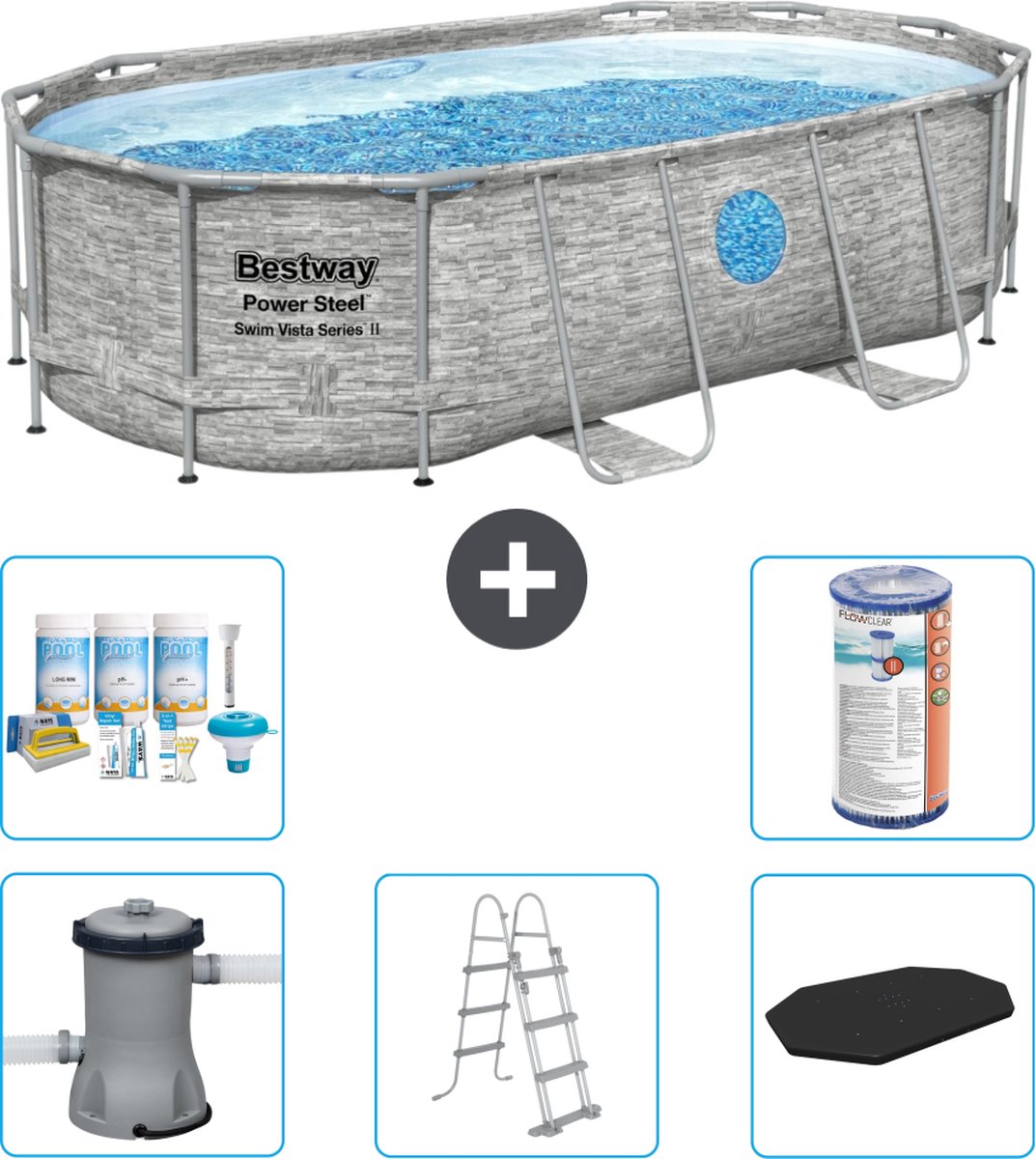Bestway Ovaal Power Steel Swim Vista Zwembad - Steenprint - 427 x 250 x 100 - Inclusief Pomp - Ladder - Afdekzeil Onderhoudspakket - Filter