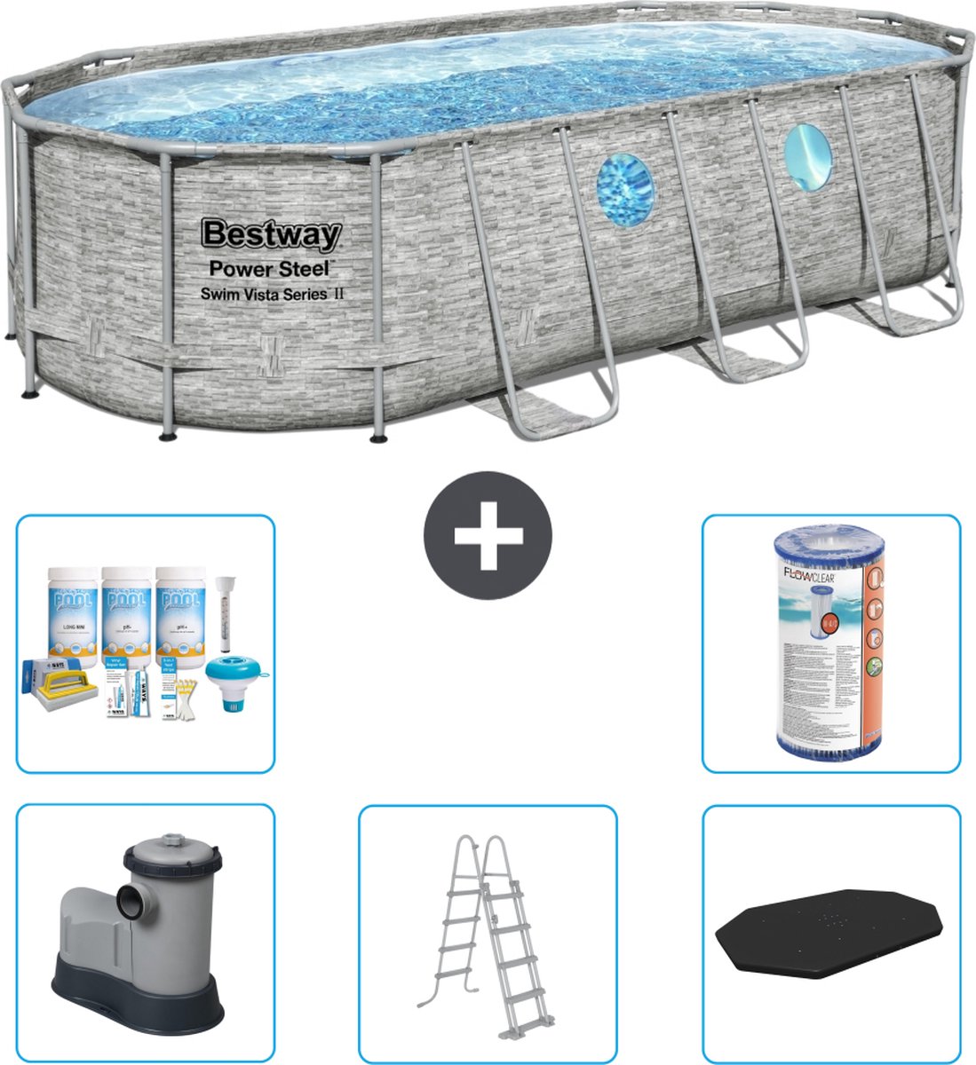 Bestway Ovaal Power Steel Swim Vista Zwembad - Steenprint - 549 x 274 x 122 - Inclusief Pomp - Ladder - Afdekzeil Onderhoudspakket - Filter