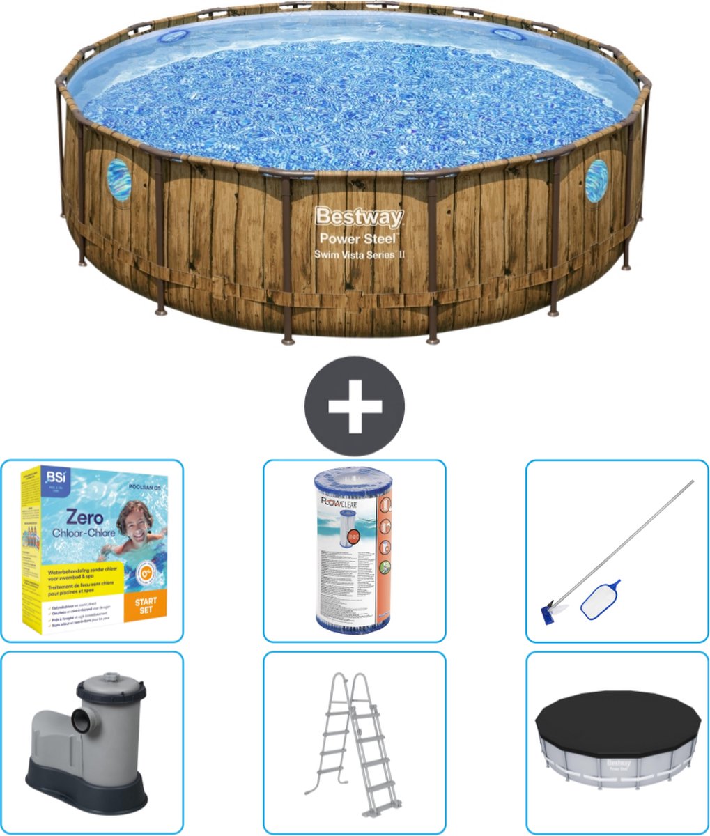 Bestway Rond Power Steel Swim Vista Zwembad - Houtprint - 488 x 122 - Inclusief Pomp - Ladder - Afdekzeil Onderhoudspakket - Filter - Schoonmaakset