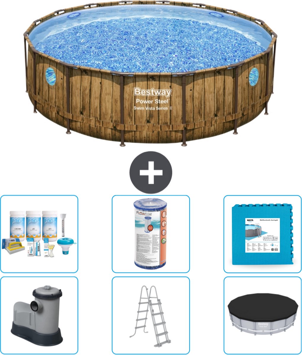 Bestway Rond Power Steel Swim Vista Zwembad - Houtprint - 488 x 122 - Inclusief Pomp - Ladder - Afdekzeil Onderhoudspakket - Filter - Vloertegels