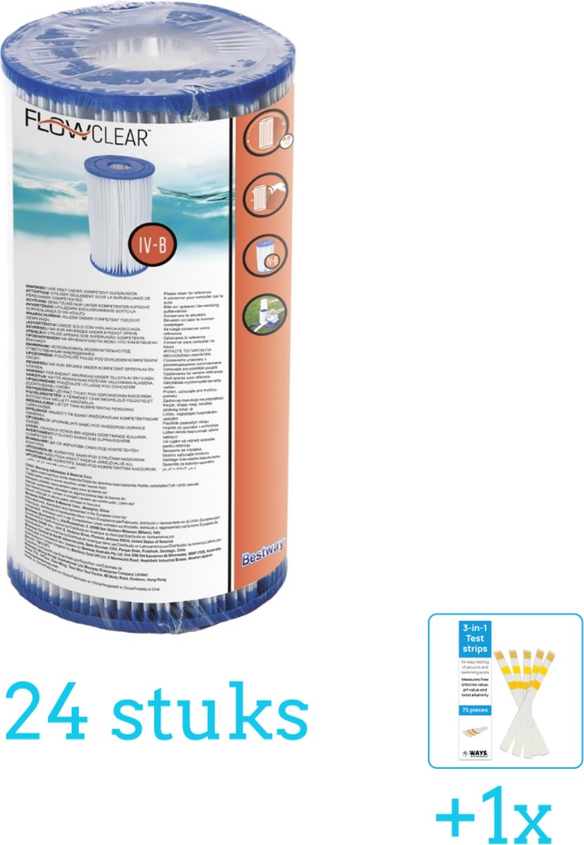 Bestway - Flowclear - Filtercartridge Type IV - 24 stuks - Voordeelverpakking - Inclusief WAYS Testrips (1 stuks) - Type 4 - Type IV filter - Geschikt voor 58391 Pomp