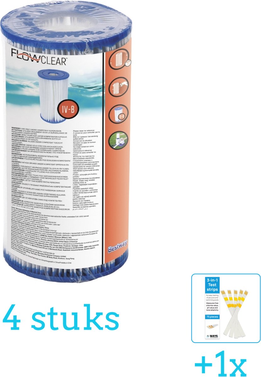 Bestway - Flowclear - Filtercartridge Type IV - 4 stuks - Voordeelverpakking - Inclusief WAYS Testrips (1 stuks) - Type 4 - Type IV filter - Geschikt voor 58391 Pomp