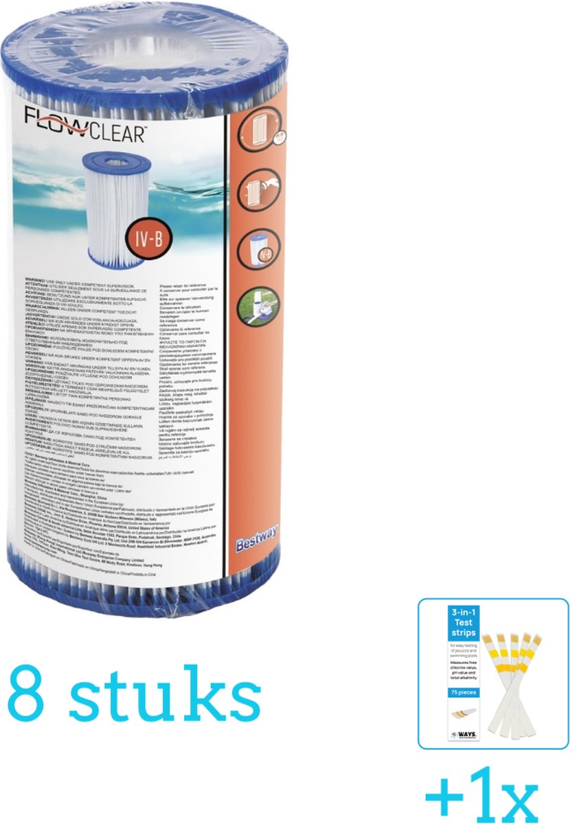Bestway - Flowclear - Filtercartridge Type IV - 8 stuks - Voordeelverpakking - Inclusief WAYS Testrips (1 stuks) - Type 4 - Type IV filter - Geschikt voor 58391 Pomp