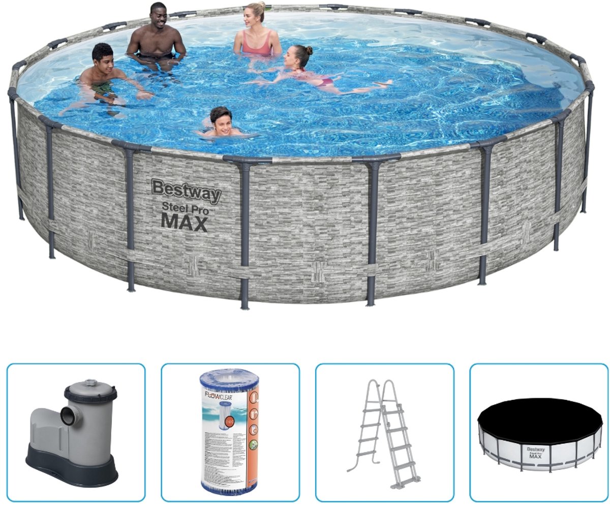 Bestway - Steel Pro MAX - Steenprint - Opzetzwembad - Ø 549 x 122 cm - Inclusief Filterpomp & Accessoires