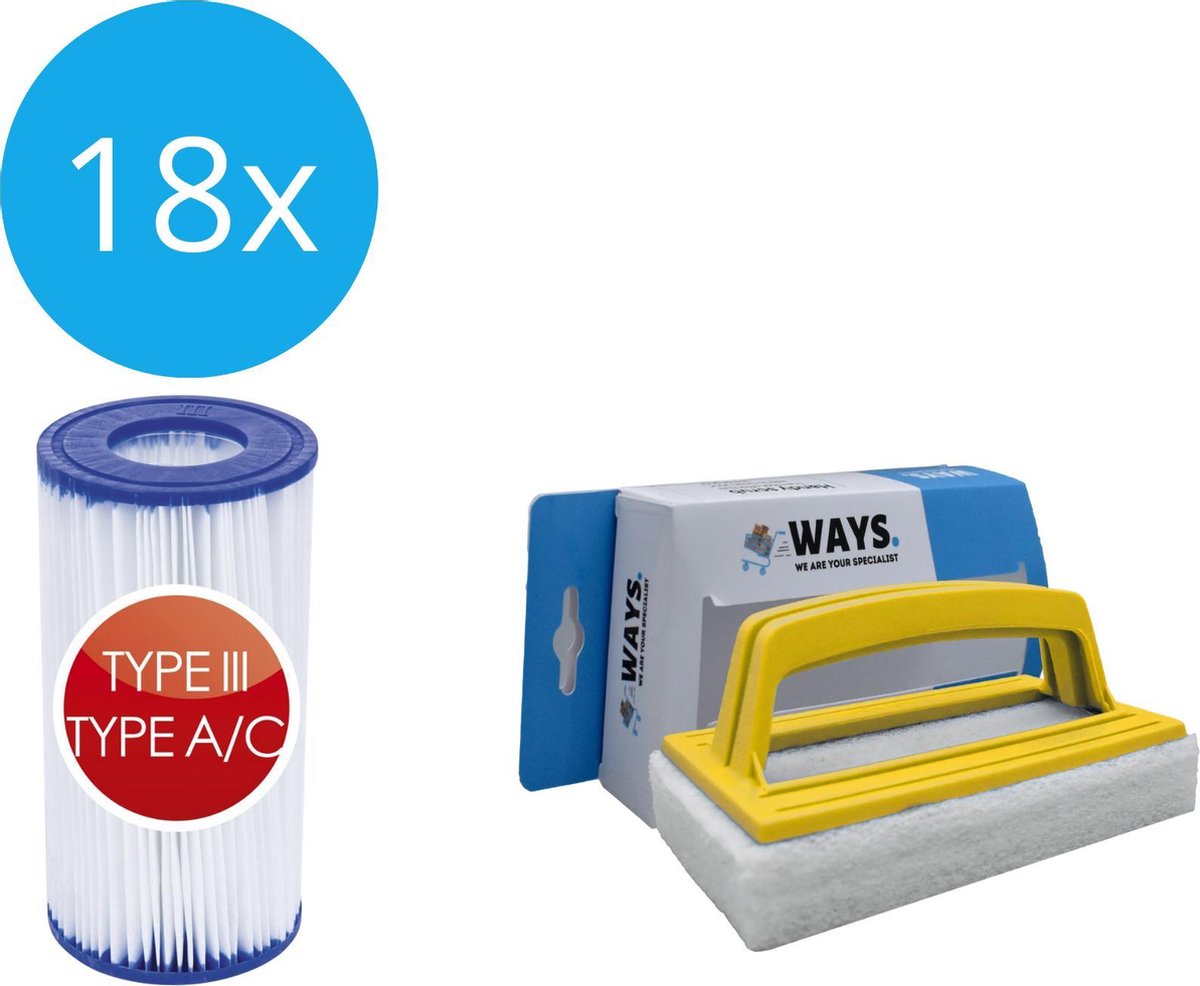  - Type III filters geschikt voor filterpomp 58389 - 18 stuks & WAYS scrubborstel