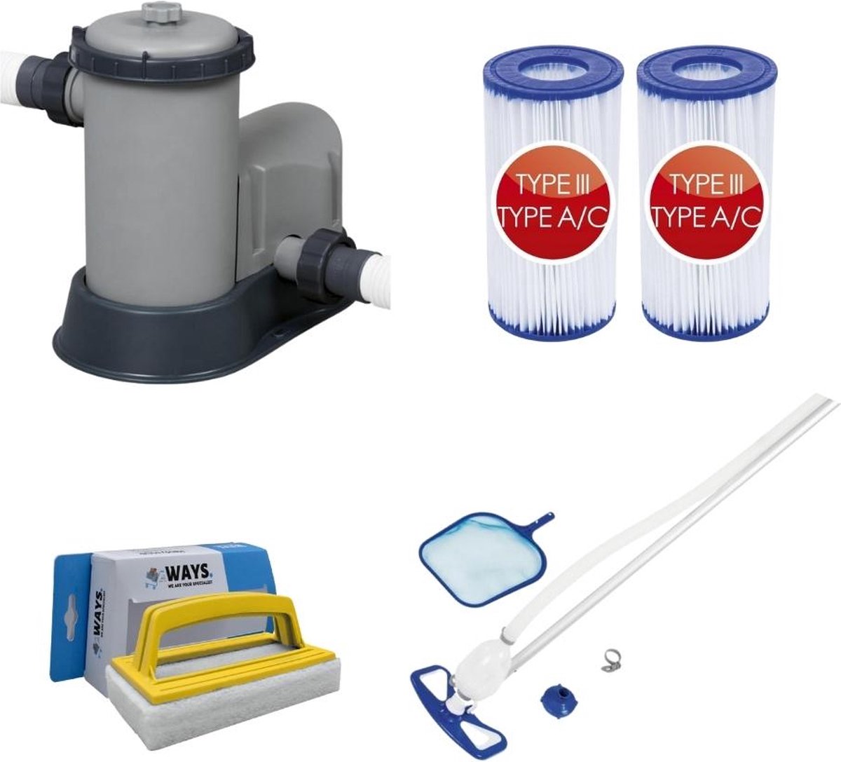   - Zwembadstofzuiger AquaClean & Filterpomp 5678 L/u & 2 Filters Type III & WAYS Scrubborstel