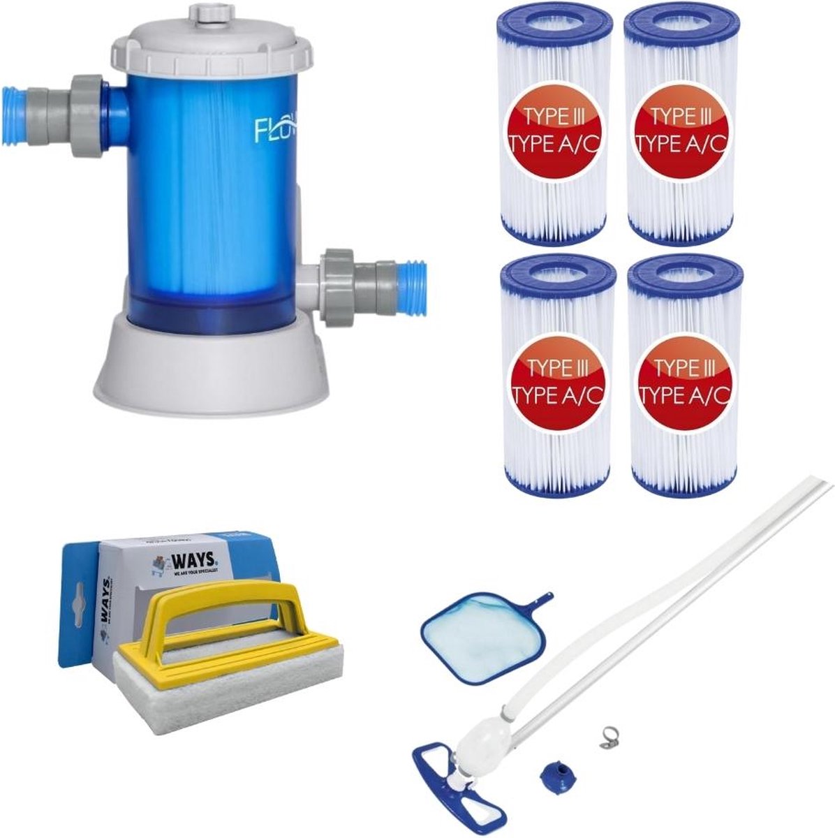   - Zwembadstofzuiger AquaClean & Filterpomp 5678 L/u & 4 Filters Type III & WAYS Scrubborstel
