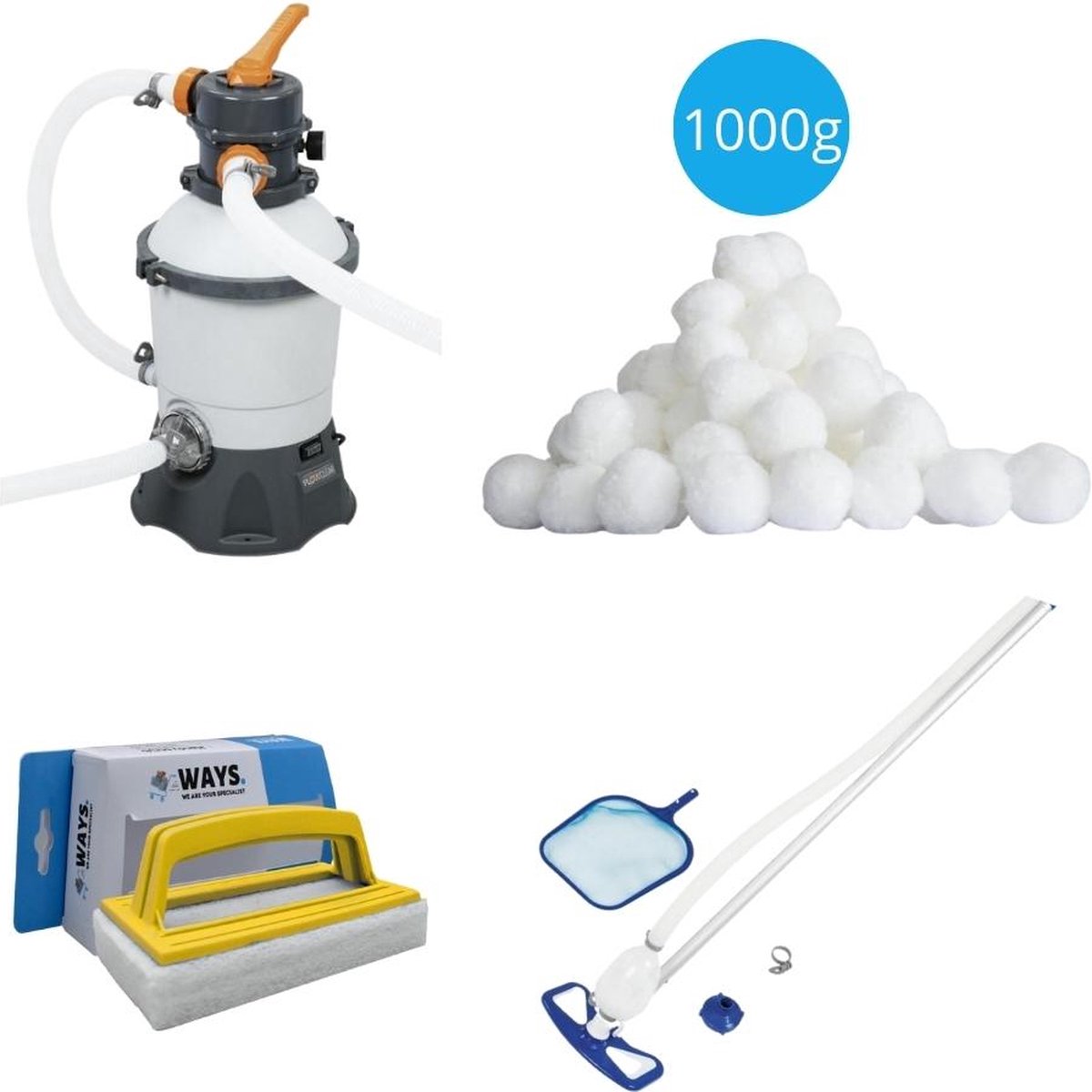 Bestway - Zwembadstofzuiger AquaClean & Zandfilterpomp 3028 L/u & Filterbollen 1000 g & WAYS Scrubborstel