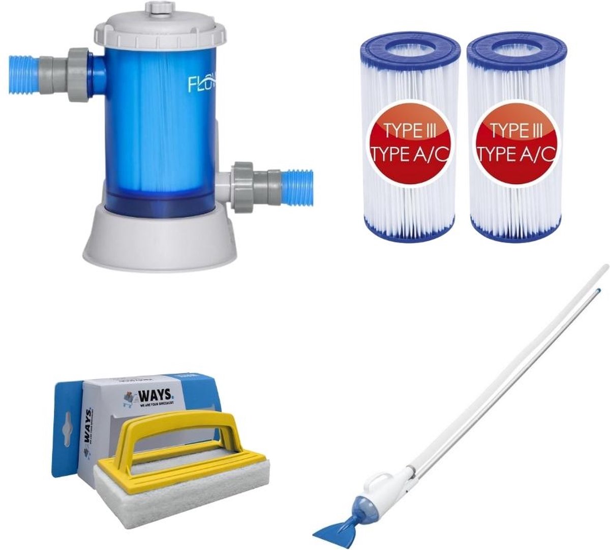   - Zwembadstofzuiger AquaCrawl & Filterpomp 5678 L/u & 2 Filters Type III & WAYS Scrubborstel