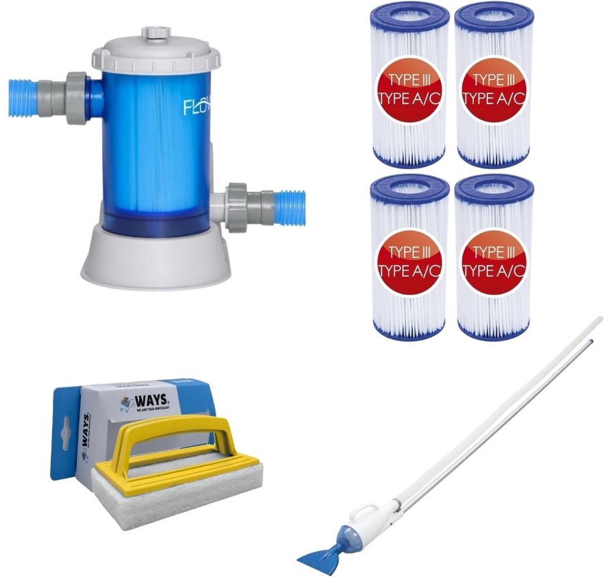   - Zwembadstofzuiger AquaCrawl & Filterpomp 5678 L/u & 4 Filters Type III & WAYS Scrubborstel