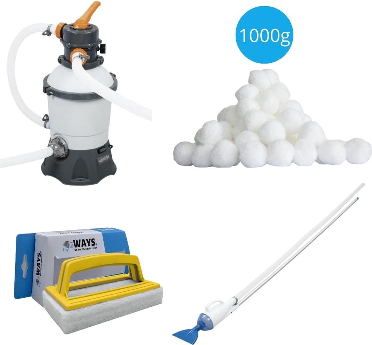 Bestway - Zwembadstofzuiger AquaCrawl & Zandfilterpomp 3028 L/u & Filterbollen 1000 g & WAYS Scrubborstel