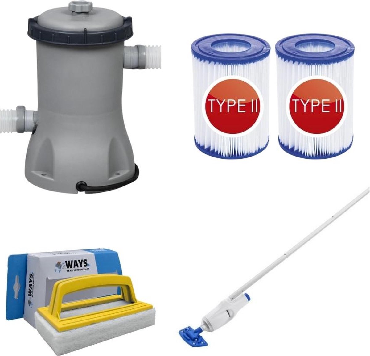   - Zwembadstofzuiger AquaReach & Filterpomp 2006 L/u & 2 Filters Type II & WAYS Scrubborstel