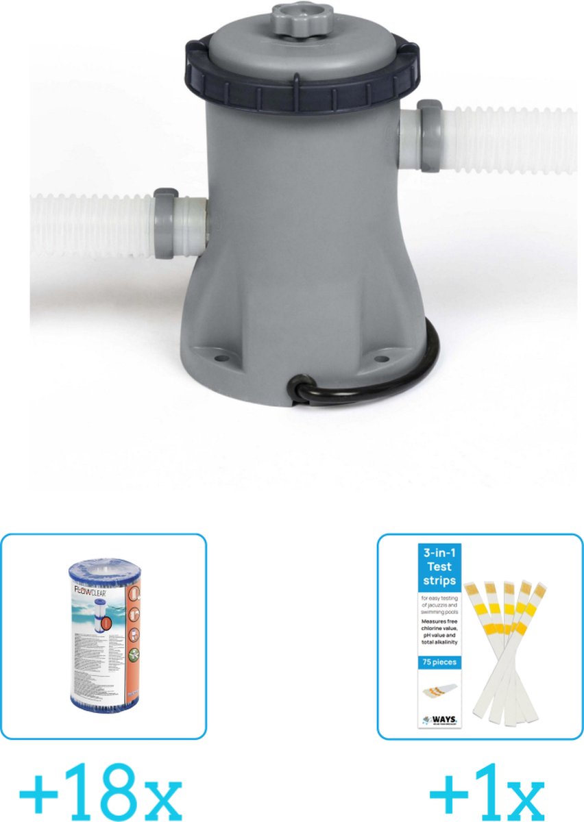 Bestway Flowclear - 1249L/330gal Filter Pomp inclusief Bestway Flowclear - Filter Cartridge (I) (18 stuks) & WAYS Testrips (1 stuks)