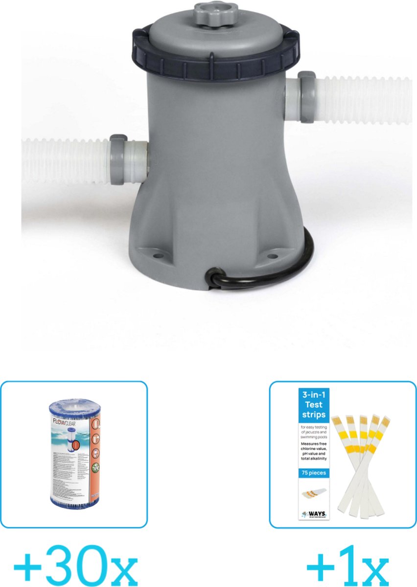 Bestway Flowclear - 1249L/330gal Filter Pomp inclusief Bestway Flowclear - Filter Cartridge (I) (30 stuks) & WAYS Testrips (1 stuks)