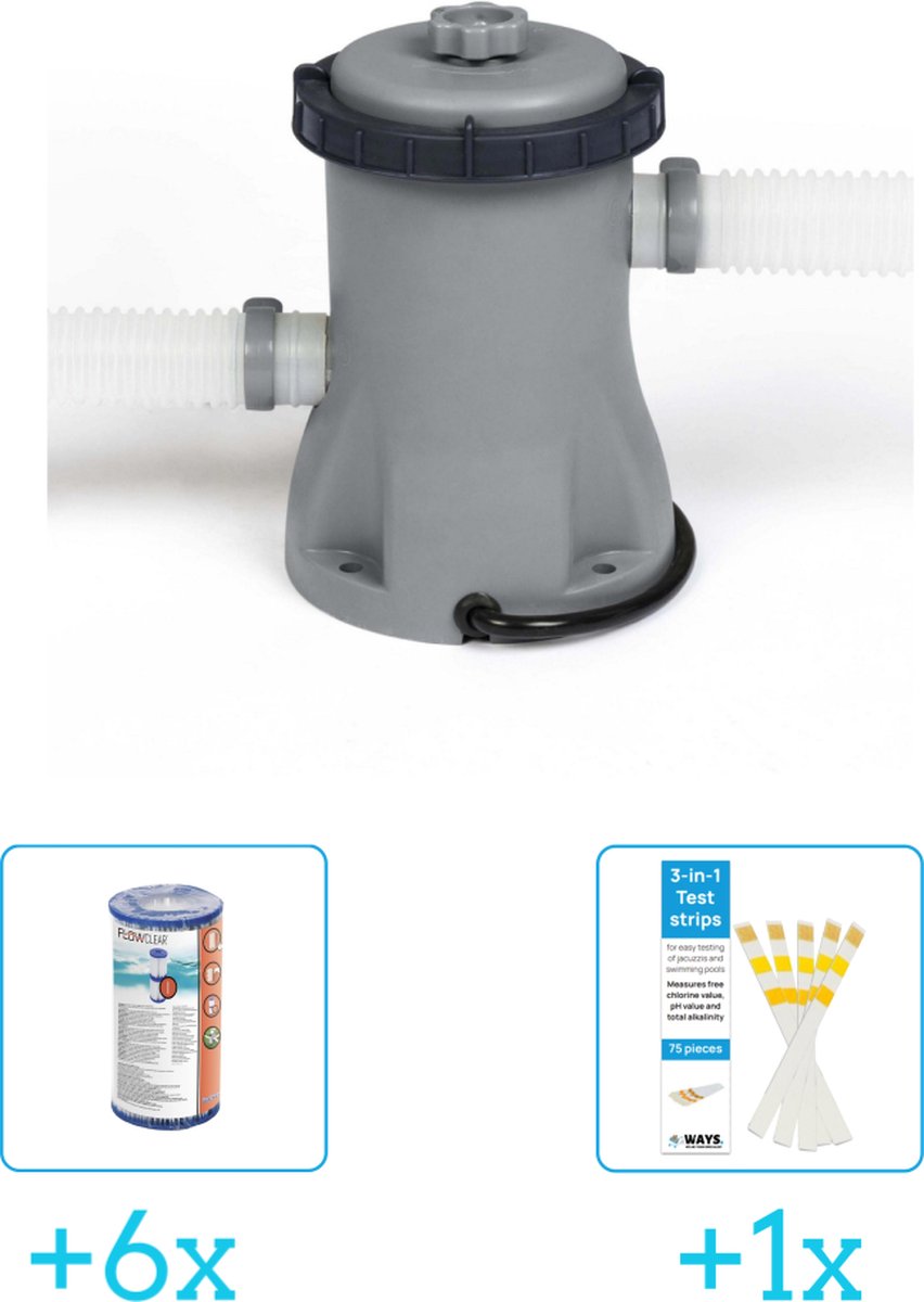 Bestway Flowclear - 1249L/330gal Filter Pomp inclusief Bestway Flowclear - Filter Cartridge (I) (6 stuks) & WAYS Testrips (1 stuks)