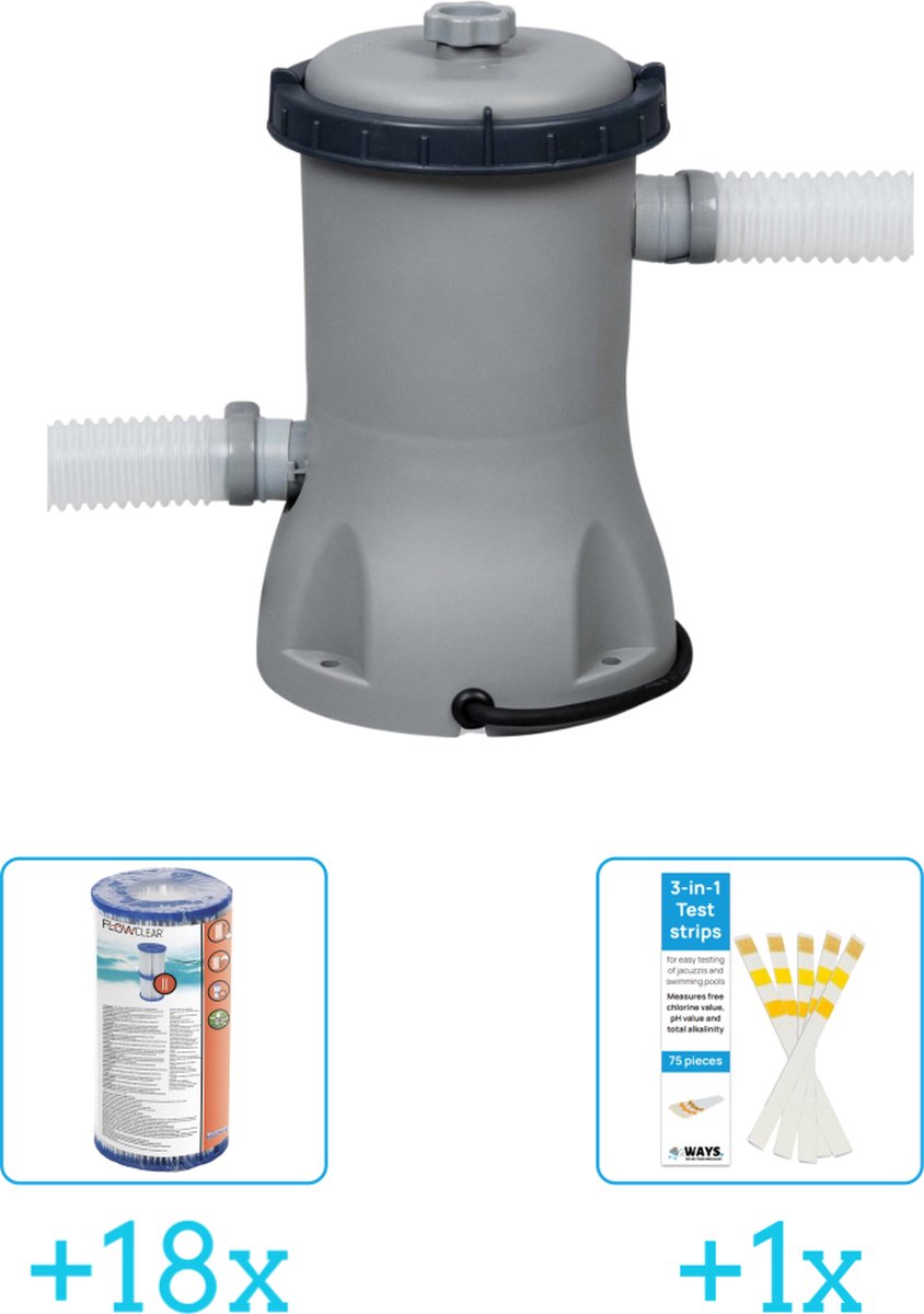 Bestway Flowclear - 2006L/530gal Filter Pomp inclusief Bestway Flowclear - Filter Cartridge (II) (18 stuks) & WAYS Testrips (1 stuks)