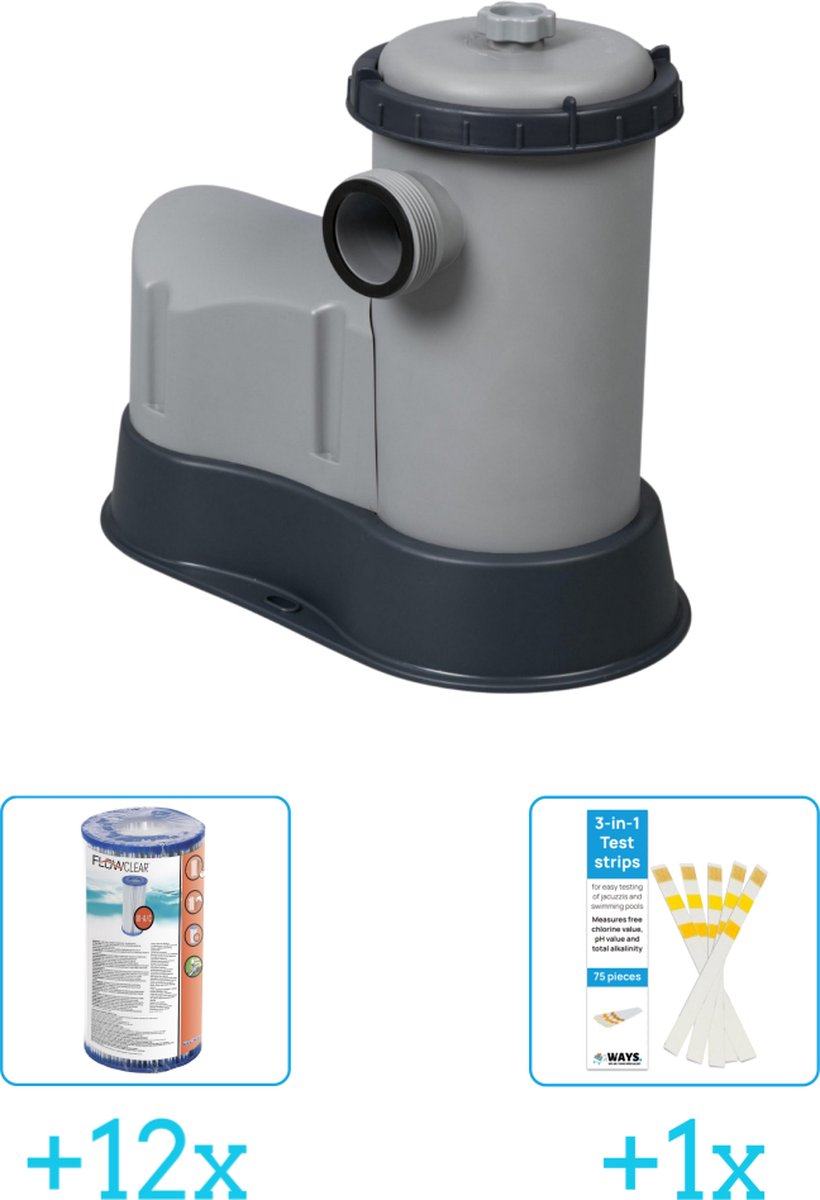 Bestway Flowclear - 5678L/1500gal Filter Pomp inclusief Bestway Flowclear - Filter Cartridge (III) (12 stuks) & WAYS Testrips (1 stuks)